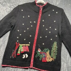 Coldwater Creek Christmas Cardigan Sweater Women L Black Y2K Zip Embroidered Ski